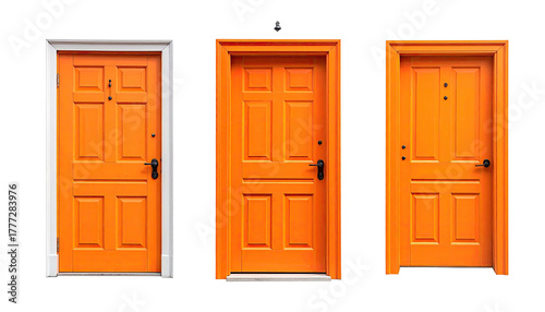 Trio of orange doors stand against dark background