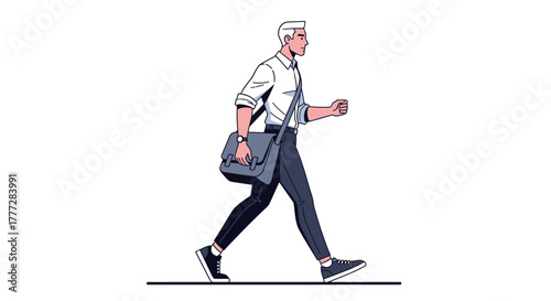 Stylized illustration of a man walking with a messenger bag conveying urban life with a