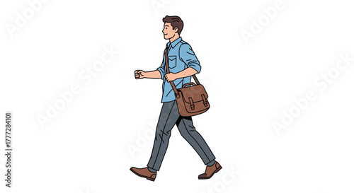 Illustration of a young man walking with a messenger bag on a white background