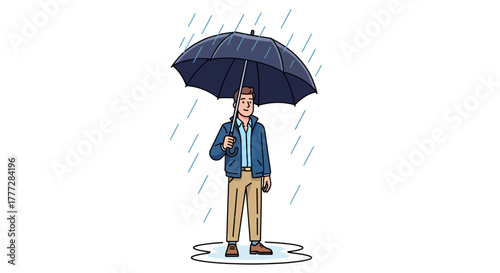 Illustration of a man holding an umbrella standing in a puddle during a rain shower