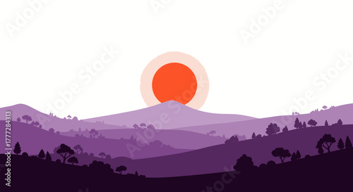 Minimalist flat landscape with purple hills and rising sun creates peaceful atmosphere