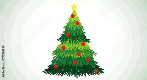 Simple Hand Drawn Christmas Tree Illustration with Red Ornaments and Yellow Star Topper