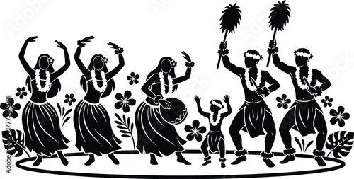 Silhouette vector of group performing Hawaiian hula dance