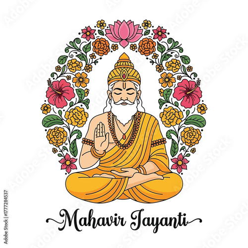 Flat illustration of Mahavir Jayanti with Flowers Accent Graphic