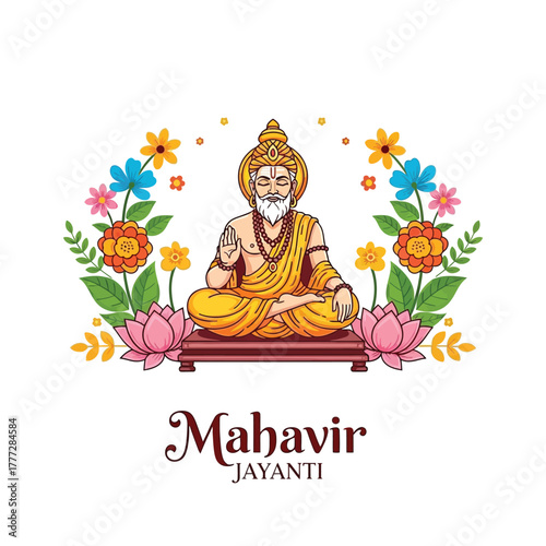 Flat illustration of Mahavir Jayanti with Flowers Accent Graphic