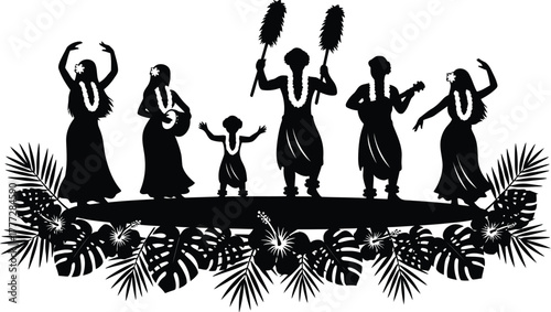 Silhouette vector of group performing Hawaiian hula dance