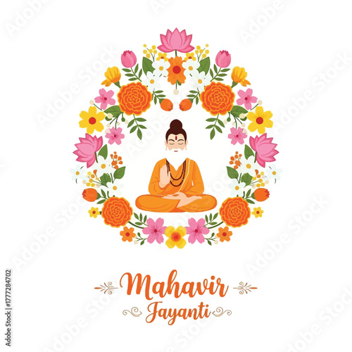 Flat illustration of Mahavir Jayanti with Flowers Accent Graphic