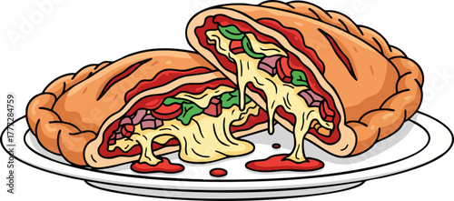 Calzone or Empanada pastry with melted sauce, flat vector illustration.