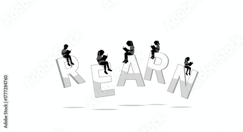 Tiny People Reading on Floating REARN Letters for Education Concept