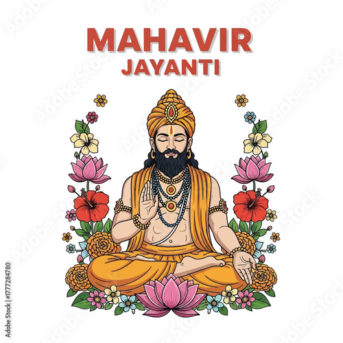 Flat illustration of Mahavir Jayanti with Flowers Accent Graphic