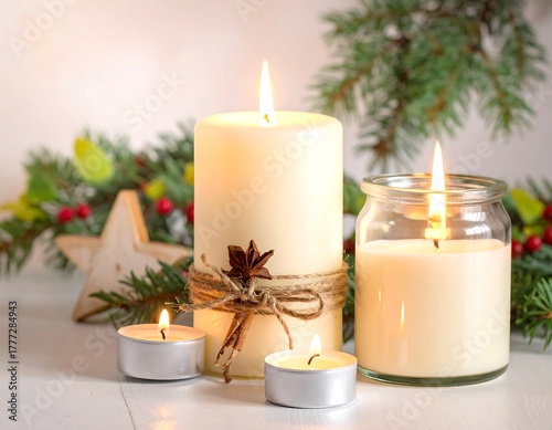 Festive candles burning with greenery and star on a rustic white surface