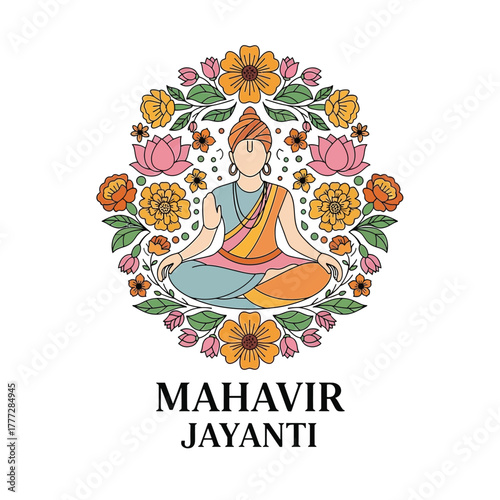 Flat illustration of Mahavir Jayanti with Flowers Accent Graphic