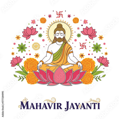 Flat illustration of Mahavir Jayanti with Flowers Accent Graphic