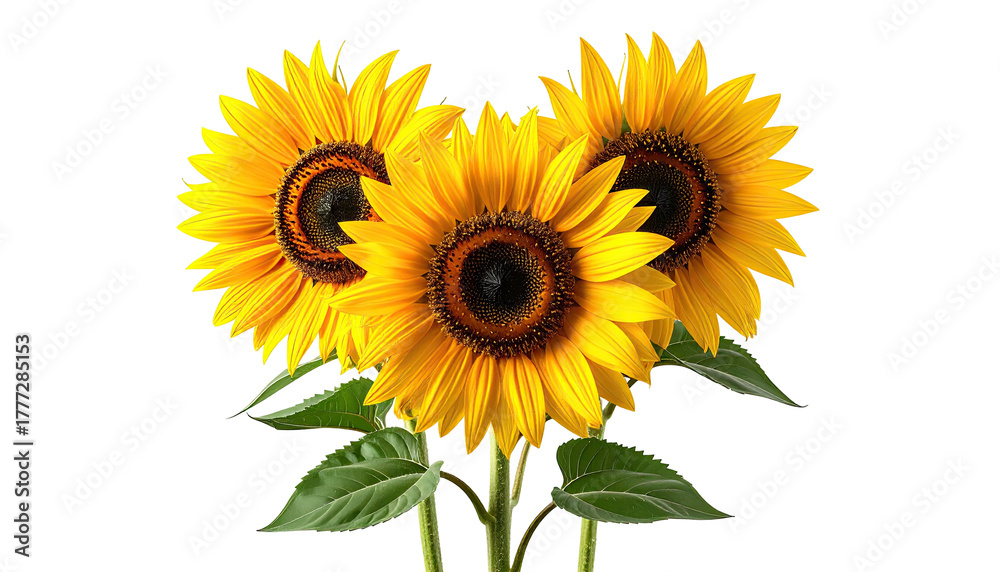 Fototapeta premium Three sunflowers with yellow petals on black background