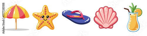 Beach vacation elements including sun umbrella, starfish, and tropical drink  