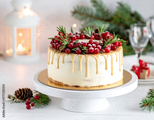 Festive frosted cake with cranberry and rosemary garnish