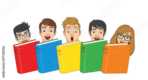 Diverse Group of Happy Students Peeking Over Colorful Books for Reading Club or Education Concept