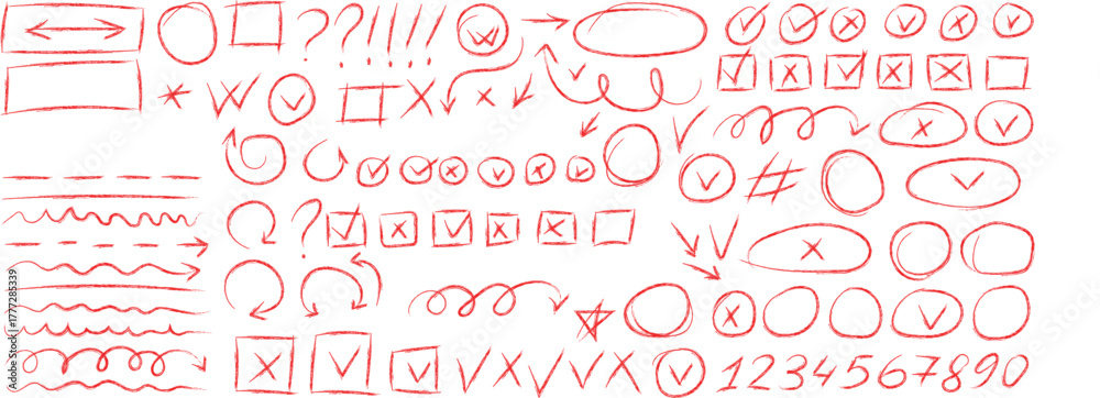 Hand drawn red highlights, underlines and emphasis crayon elements. Red pen check marks, ovals and school notebook vector shapes for hand drawn notes. Checkered paper sheet.