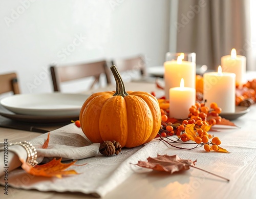 Festive table setting with pumpkin, candles, leaves, and place setting