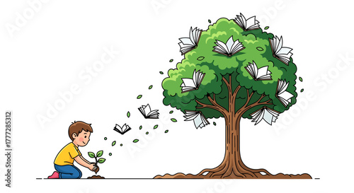 Child Planting Seed Leading to Knowledge Tree with Flying Books Illustration