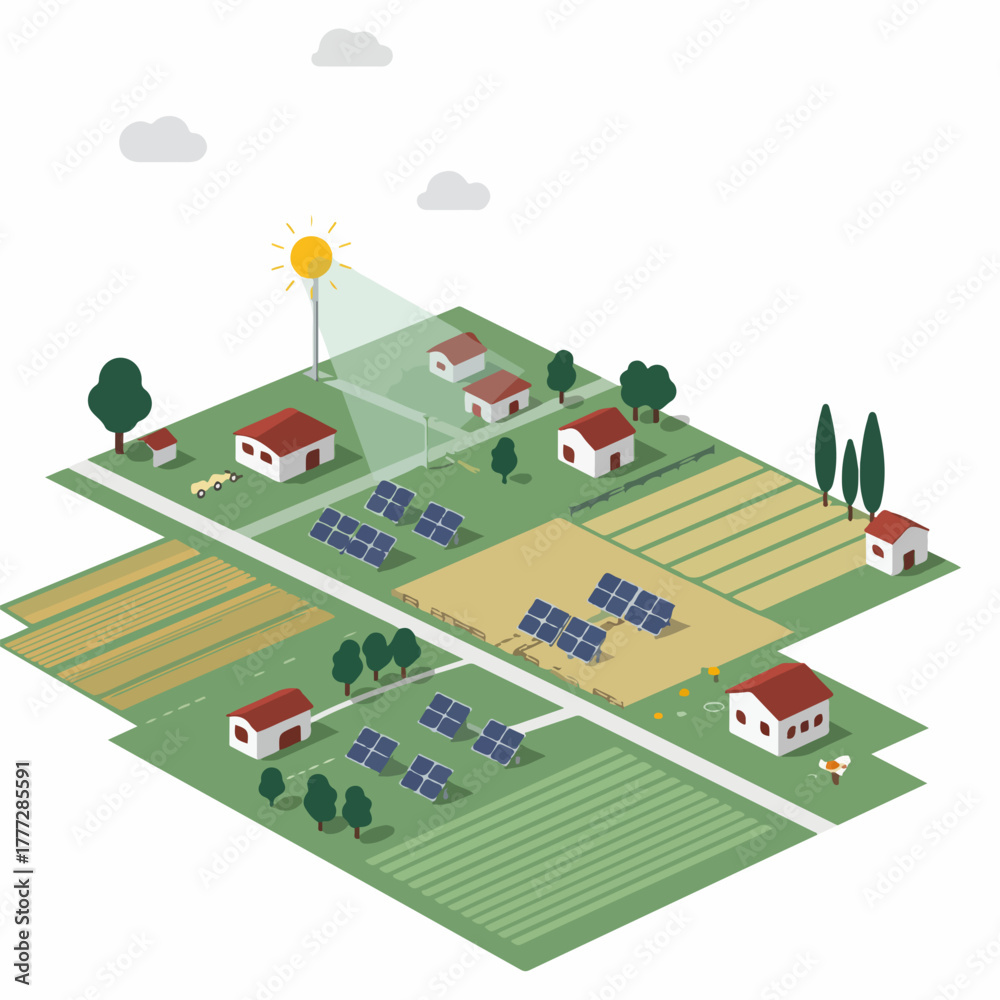 Fototapeta premium Isometric Detailed Solar Panel Powered Village Farm Land Illustration