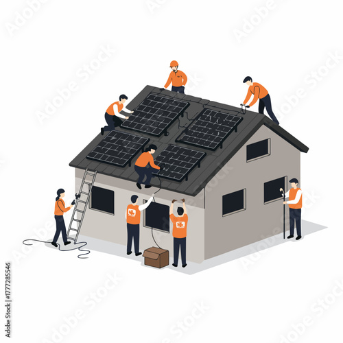 Isometric Style House Solar Panel Installation Team Renewable Energy Concept