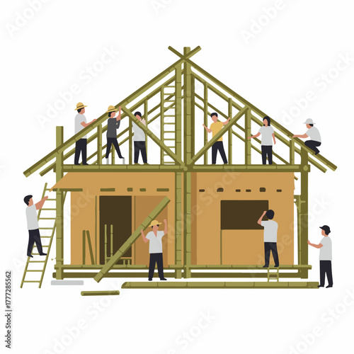 Flat Illustration Team Building House Construction Project with Workers
