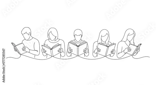 Continuous Line Art Illustration of Diverse Group Reading Books Together