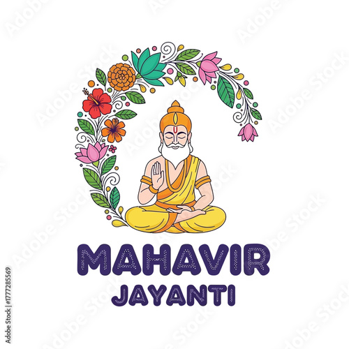 Flat illustration of Mahavir Jayanti with Flowers Accent Graphic
