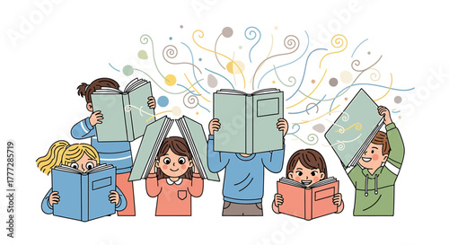 Diverse Group of Happy Children Absorbed in Reading Books Imagination and Learning Concept Illustration