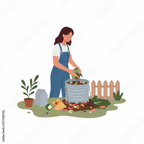 Flat Illustration Woman Composting Food Waste in Garden Container Concept
