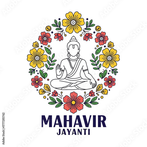 Flat illustration of Mahavir Jayanti with Flowers Accent Graphic