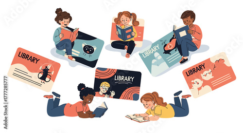 Diverse Group of Happy Children Reading Books with Library Cards Illustration