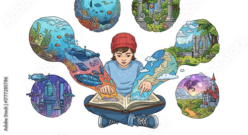 Child Reading Book Inspiring Diverse Fantasy Worlds Imagination and Creativity Concept
