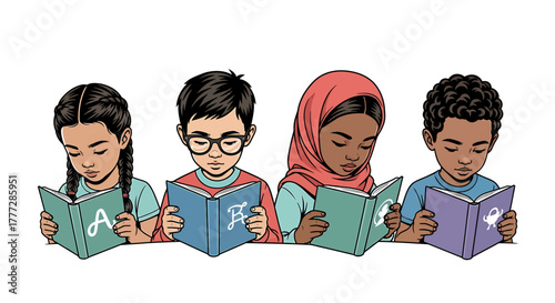 Diverse Group of Young Students Focused on Reading Books Education and Literacy Concept