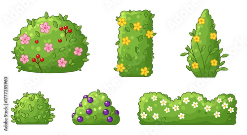 Collection of various decorated green bushes with flowers and berries, cartoon style