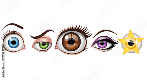 Collection of Cartoon Eyes with Different Colors Styles and a Star Icon Isolated on White Background