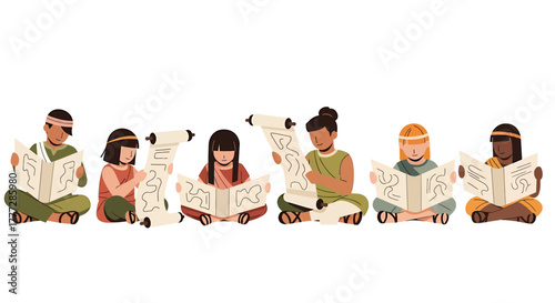Diverse Group of Children Reading Ancient Scrolls and Books on White Background