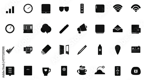 Modern Black Flat Design Icon Set. Vector Collection of Business, Office, Communication, Technology, and Everyday Essentials Symbols