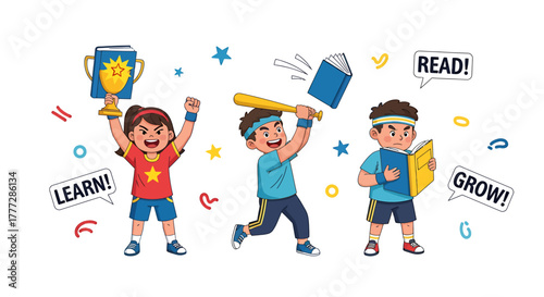 Diverse Kids Celebrating Learning Sports and Reading Achievement in Cartoon Style