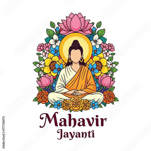 Flat illustration of Mahavir Jayanti with Flowers Accent Graphic