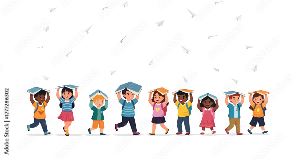 Fototapeta premium Diverse Group of Happy Elementary School Children Walking with Books on Their Heads