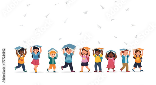 Diverse Group of Happy Elementary School Children Walking with Books on Their Heads
