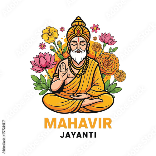 Flat illustration of Mahavir Jayanti with Flowers Accent Graphic