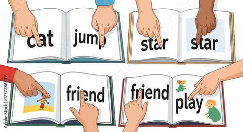 Diverse Hands Pointing at Sight Words in Open Books for Early Reading Education Concept