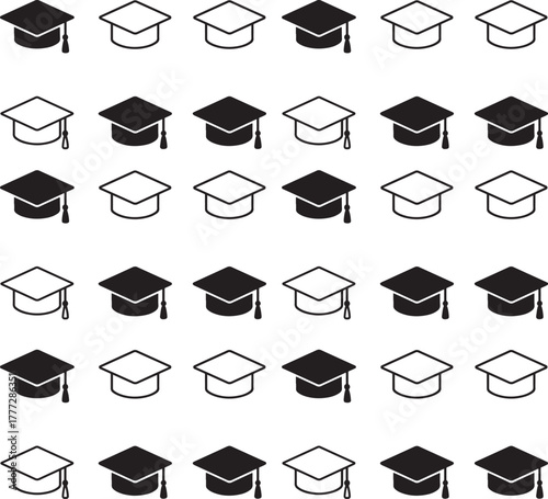 Graduation cap icon set, education success cap symbols, editable black vector, solid black line outline filled minimal thin stroke, academic graduation icons for school and university buyers