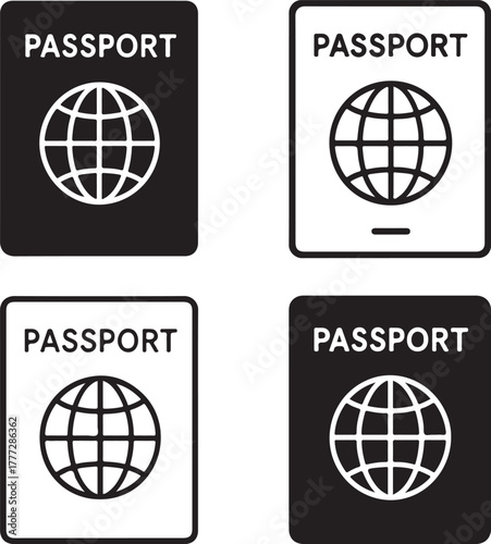 Passport icon set, travel identification symbols, editable black vector, solid black line outline filled minimal thin stroke, trip and tourism passport icons for travel buyers