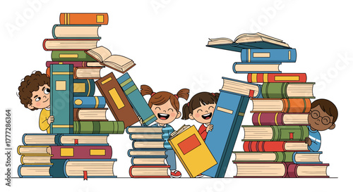 Happy Children Peeking Over Giant Stacks of Colorful Books for Reading Education Concept