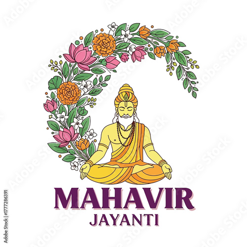 Flat illustration of Mahavir Jayanti with Flowers Accent Graphic