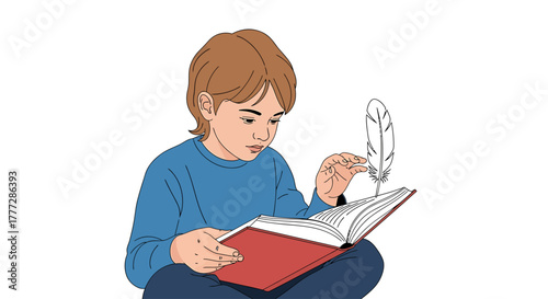 Young Student Reading Book and Holding Quill Pen for Creative Writing Education Concept